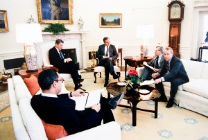 Meeting with President Reagan, Vice President Bush, Deputy National Security Adviser Frank Carlucci and General Colin Powell in the Oval Office.
