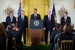 President Barack Obama announces former Senator Chuck Hagel, second from left, as his nominee for Secretary of Defense.  Photo by Matt Compton, from whitehouse.gov.